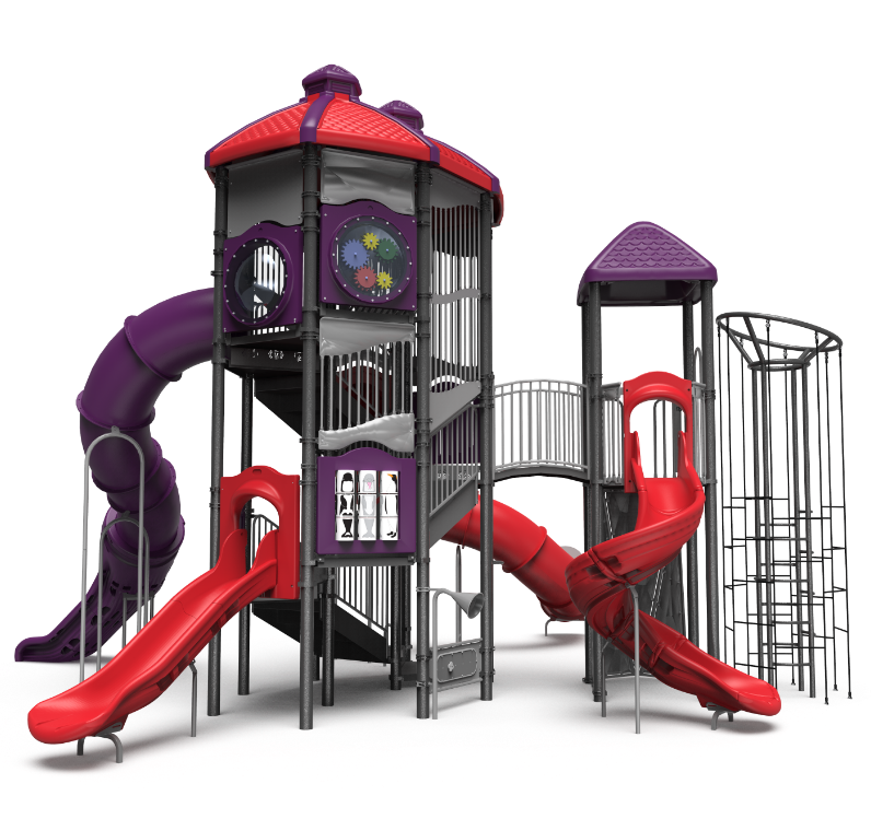 Red and purple large commercial playground structure