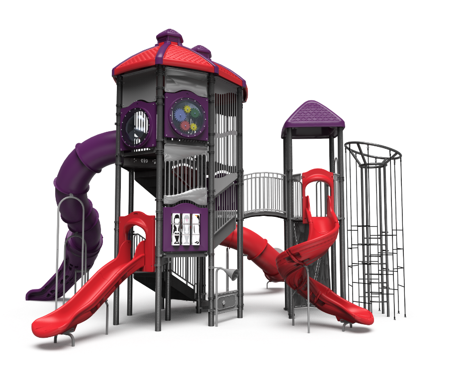 Red and purple large commercial playground structure