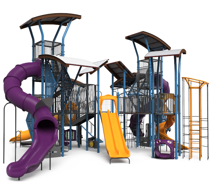 Large commercial playground structure with orange and purple slides