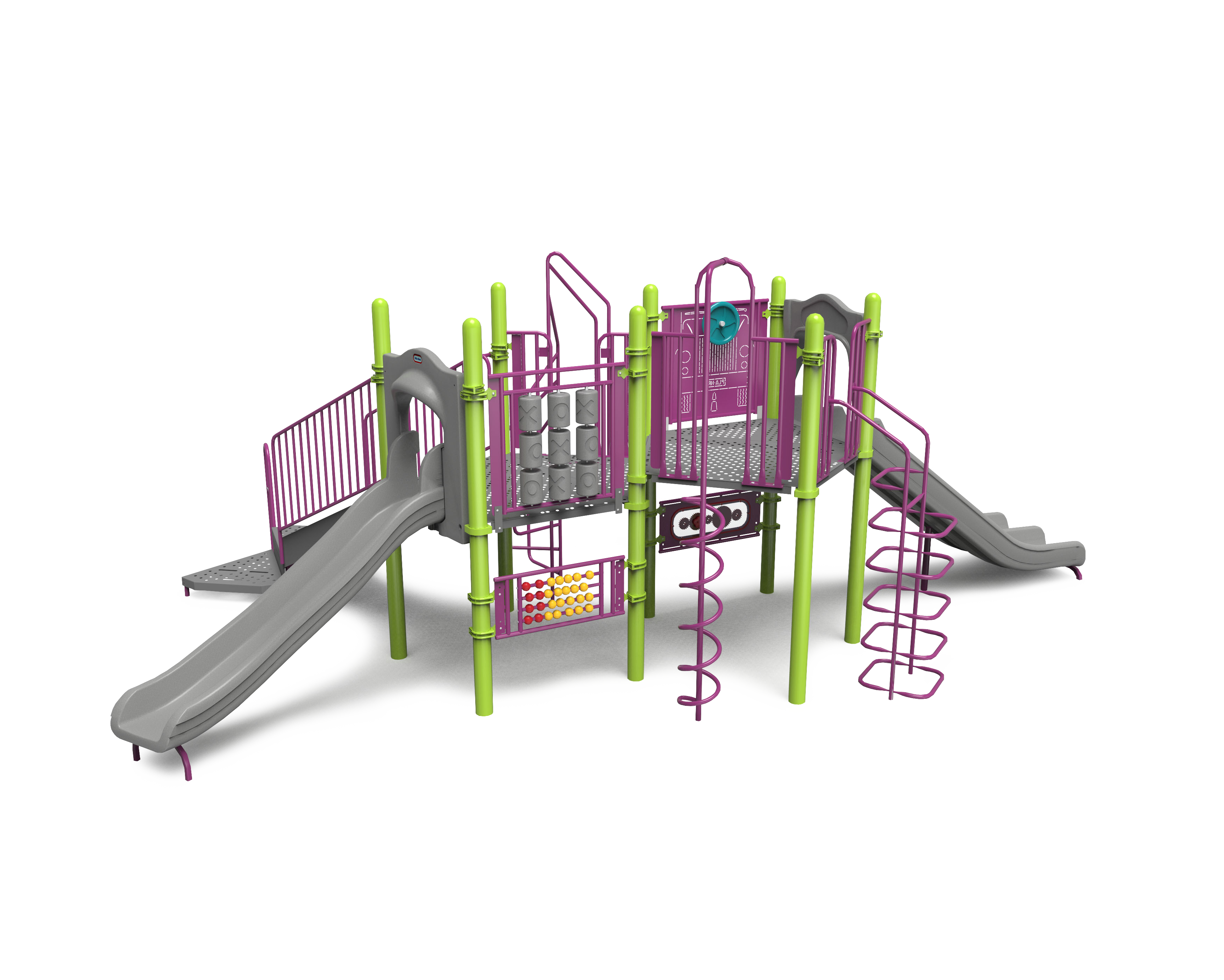 green and purple commercial playground structure
