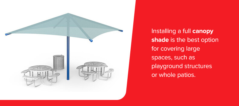 Installing a full canopy shade is the best option for covering large spaces, such as playground structures or whole patios.