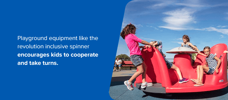 Playground equipment like the revolution inclusive spinner encourages kids to cooperate and take turns.